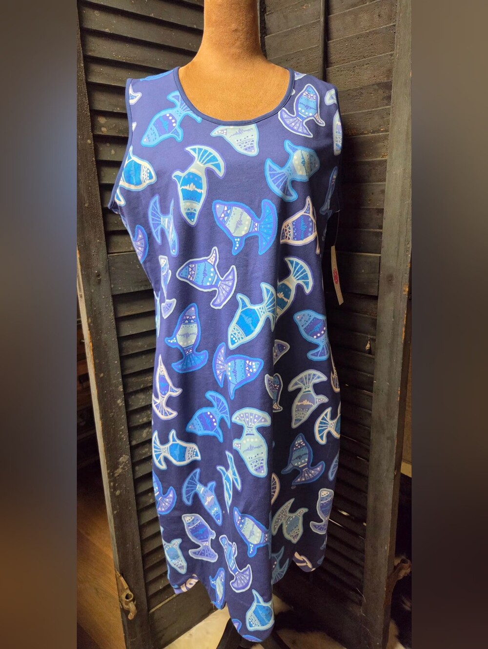 Sleeveless Navy Women's Casual Dress with Blue Fish Print